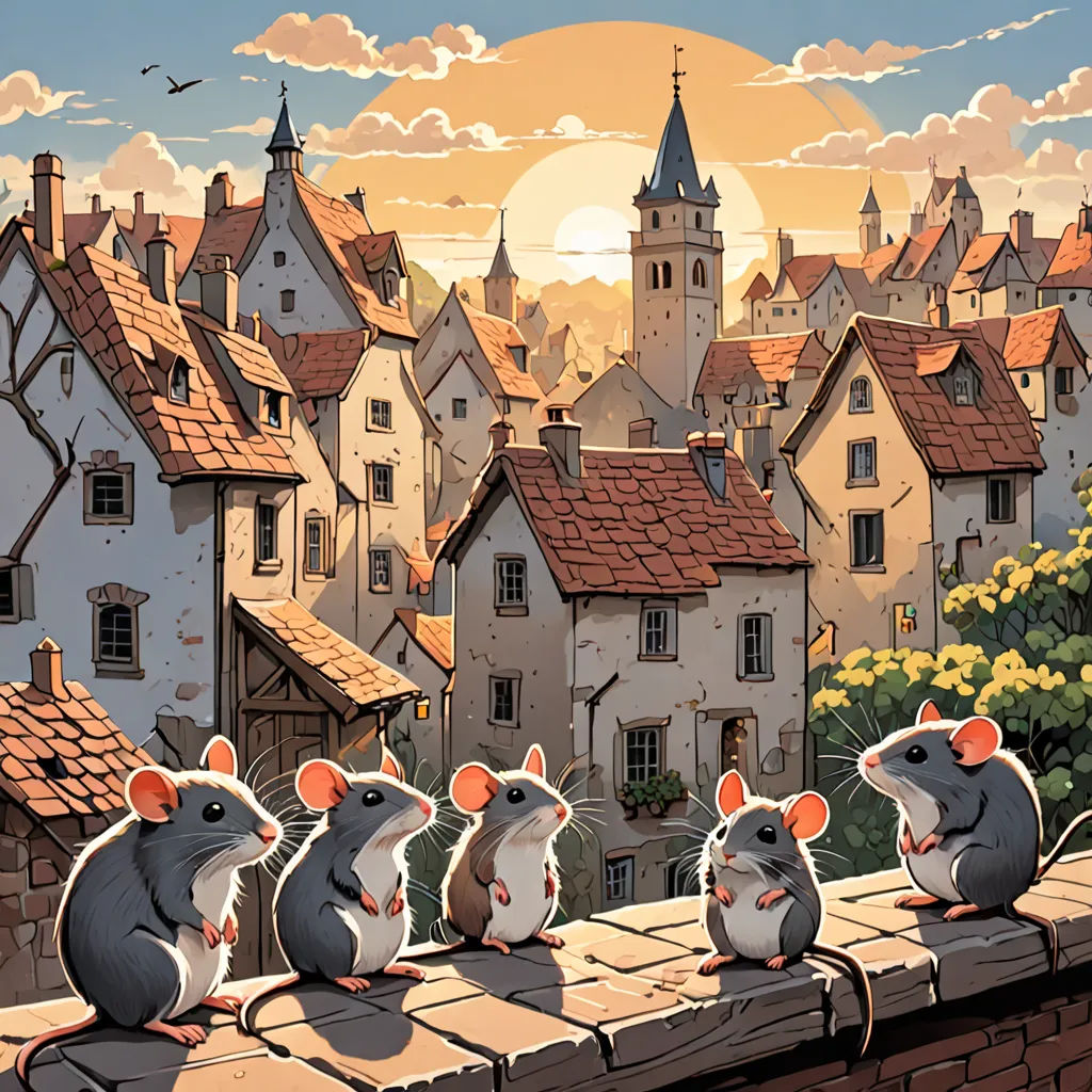 a group of mice sitting on a ledge in front of a cityscape with a sunset in the background, fantasy art, a storybook illustration, Dan Mumford, rossdraws global illumination