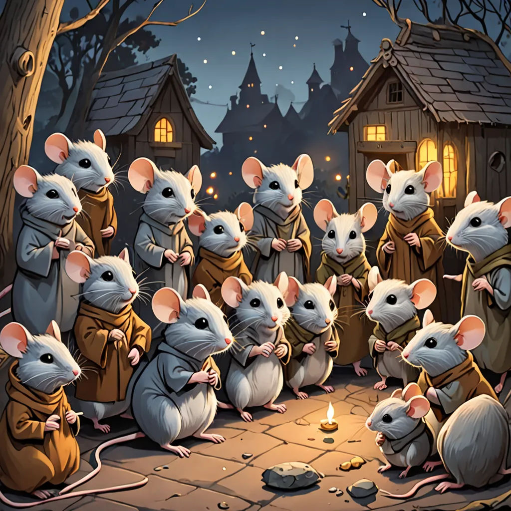 a group of mice standing in front of a house with a candle in it's mouth and a few mice in front of it, fantasy art, a storybook illustration, Dan Mumford, kinkade