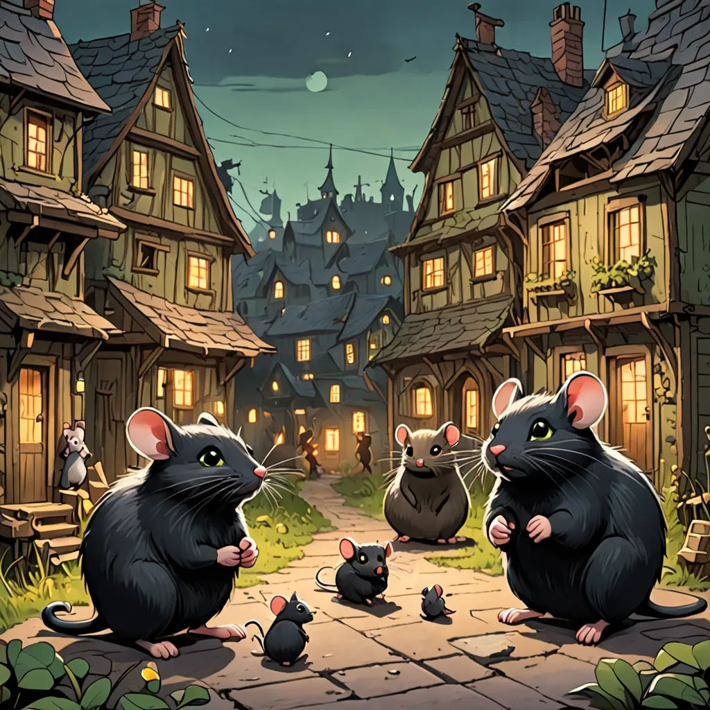 a group of mice sitting on a stone walkway in front of a house at night with a full moon, fantasy art, a storybook illustration, Dan Mumford, official art