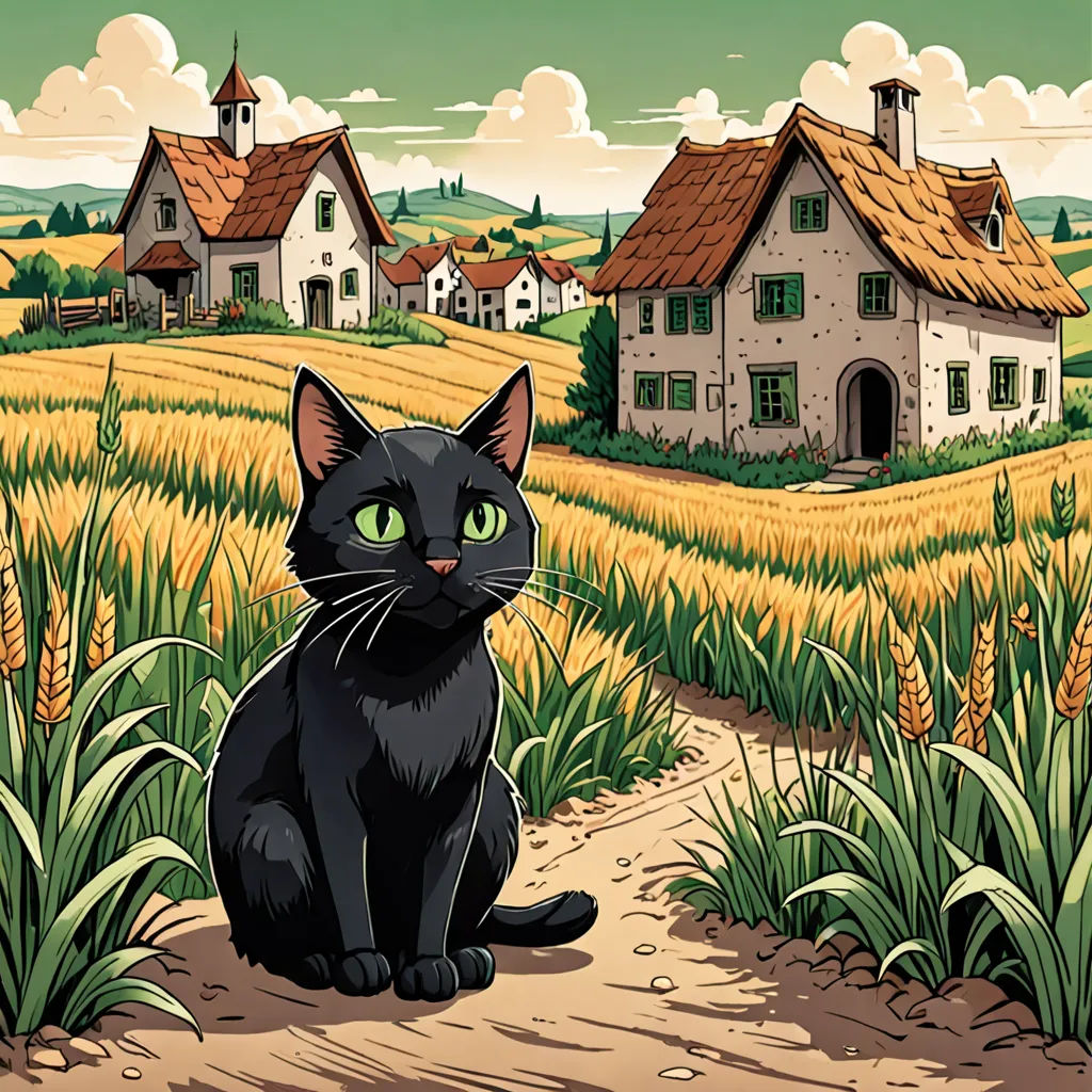 a black cat sitting in a field of wheat near a house with a thatched roof and a cat sitting in the grass, synthetism, a storybook illustration, Dan Mumford, ghibli