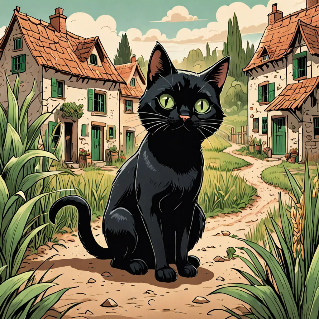 a black cat sitting on a dirt road in front of a house with a red roof and green eyes, synthetism, a storybook illustration, Art Spiegelman, storybook illustration