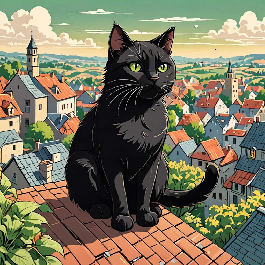 a black cat sitting on a roof looking at the camera with a city in the background with clouds and buildings, synthetism, a storybook illustration, Dan Mumford, official art