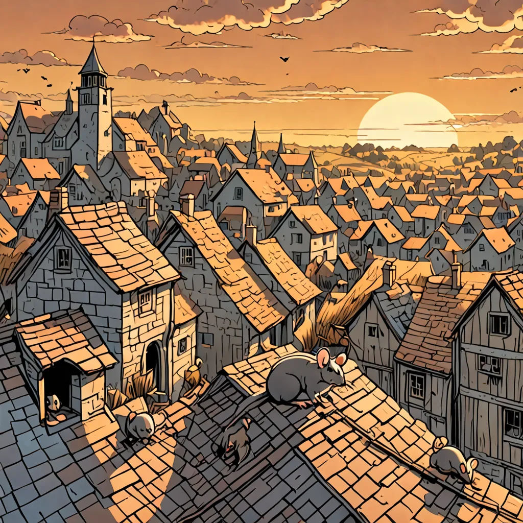a painting of a city with a cat on top of a roof and a bird flying over the roofs, underground comix, a comic book panel, Dan Mumford, establishing shot