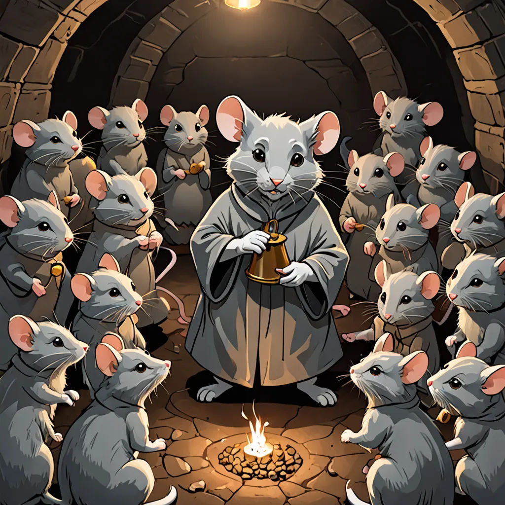 a group of mice standing around a fire pit with a monk in the middle of it and a light bulb above, fantasy art, a storybook illustration, Art Spiegelman, furaffinity