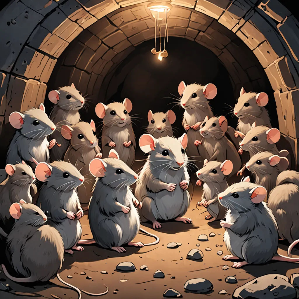 a group of mice sitting in front of a brick oven door with a light bulb above them and a stone tunnel behind them, furry art, a storybook illustration, Dan Mumford, rossdraws global illumination