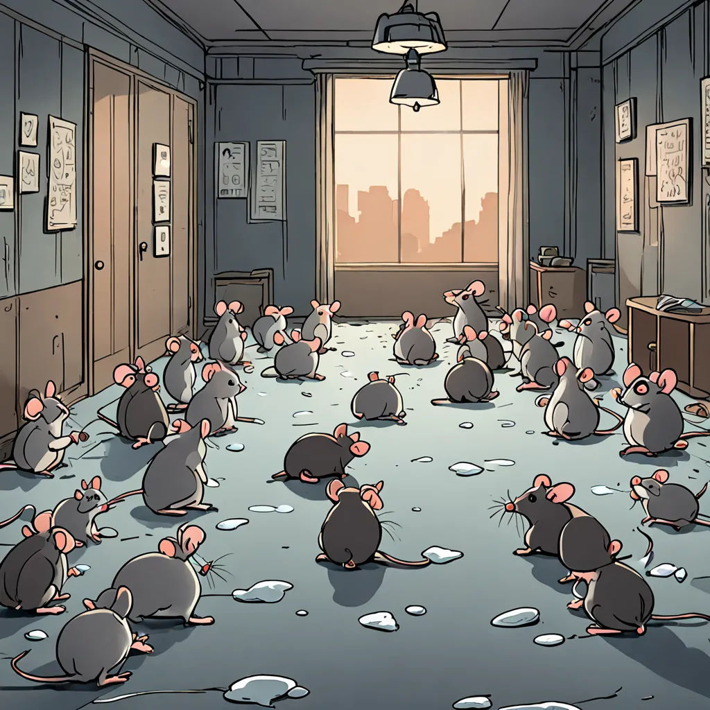 a group of mice sitting on the floor in a room with a window and a lamp above them, all facing the same direction, institutional critique, a comic book panel, Art Spiegelman, furaffinity