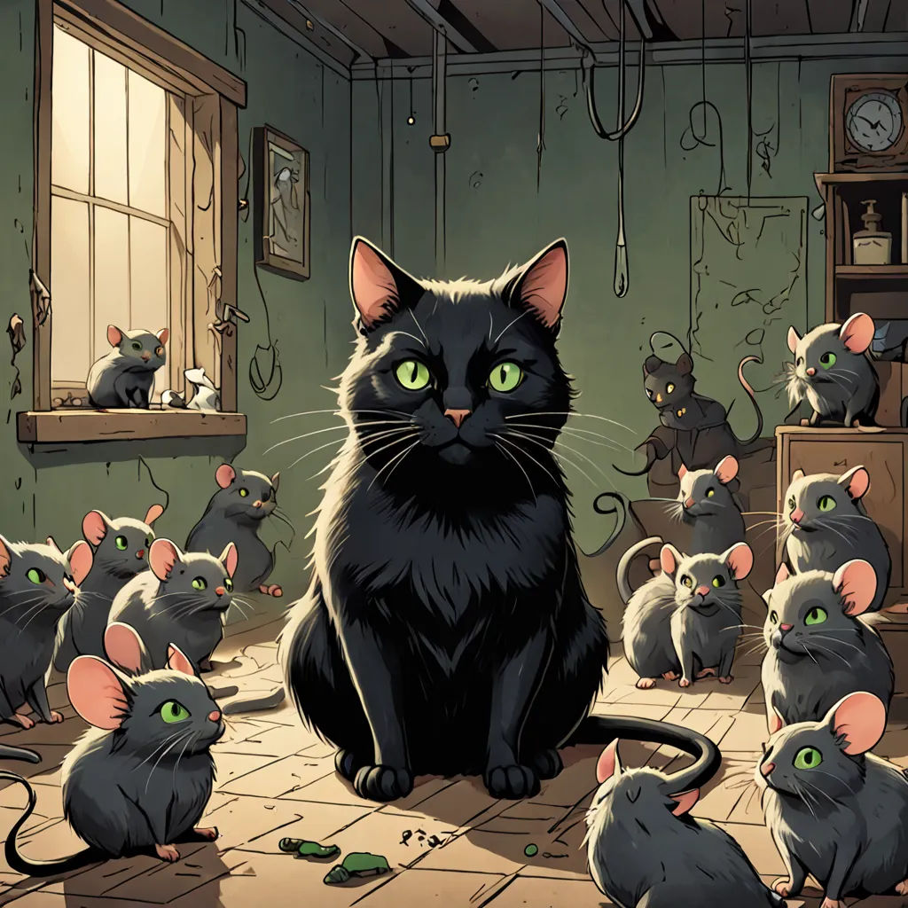 a black cat surrounded by many mice in a room with a clock and window in the background, and a clock on the wall, furry art, a storybook illustration, Art Spiegelman, comic cover art