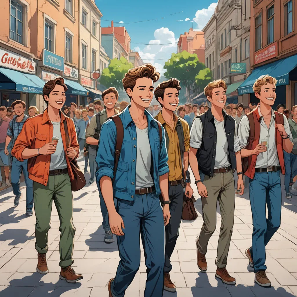 a group of young men walking down a street next to a crowd of people on a sidewalk with buildings, les automatistes, concept art, Brothers Hildebrandt, official art