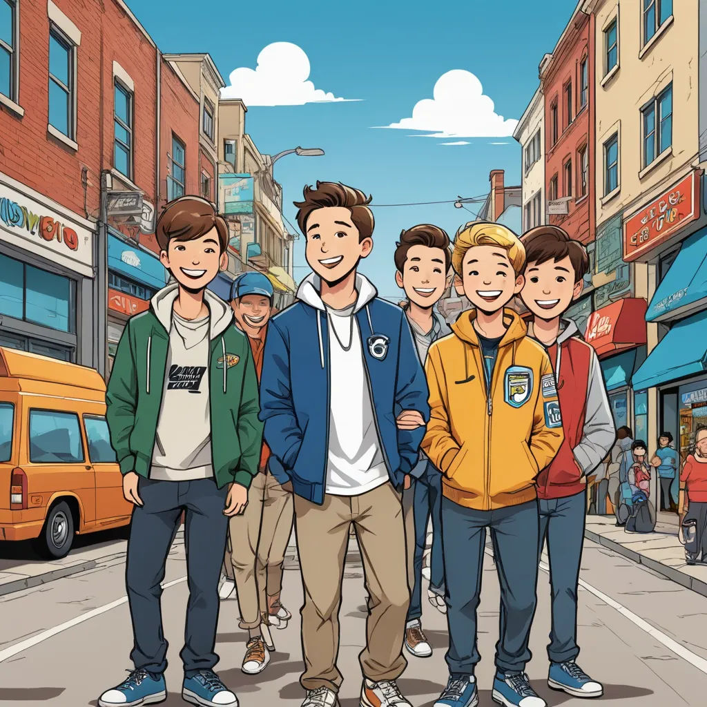 a group of young men standing on a street next to a yellow van and a building with a sky background, underground comix, a comic book panel, David Park, graphic novel