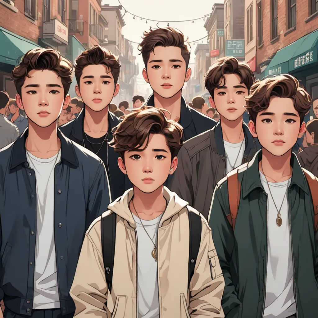 a group of young men standing next to each other in front of a crowd of people on a city street, serial art, a comic book panel, David Park, rossdraws global illumination