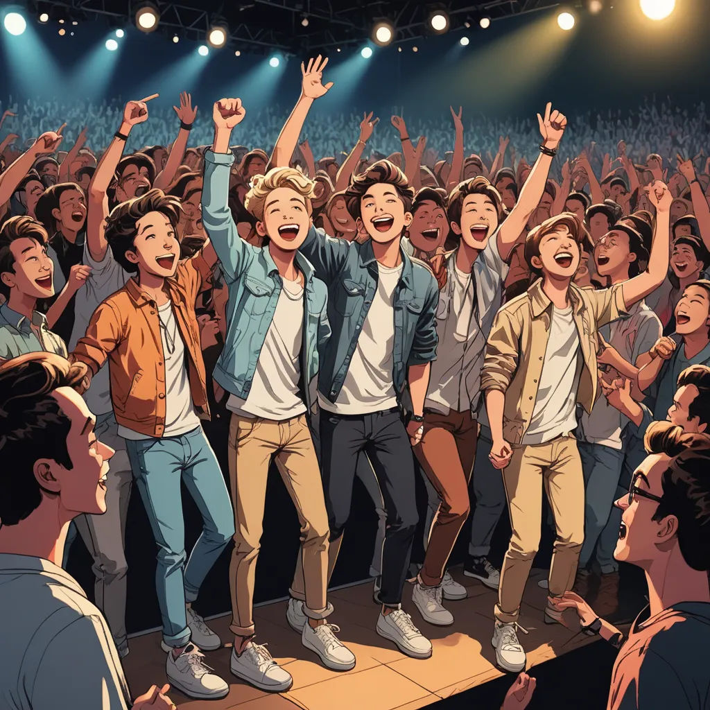 a group of people standing on top of a stage with their hands in the air and their hands in the air, sots art, a comic book panel, artist, official art