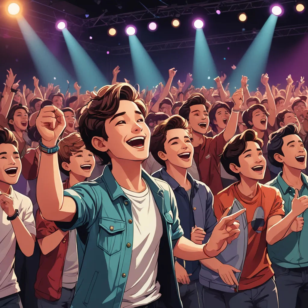 a group of people singing into microphones in front of a crowd of people with their hands up in the air, incoherents, a comic book panel, Diego Gisbert Llorens, animated