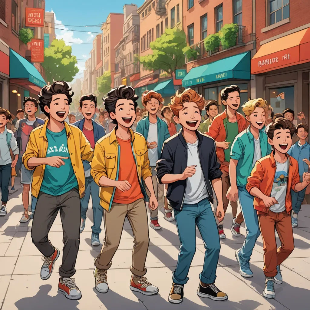 a group of young men walking down a street next to a crowd of people on a sidewalk near a building, rayonism, concept art, Brothers Hildebrandt, official art