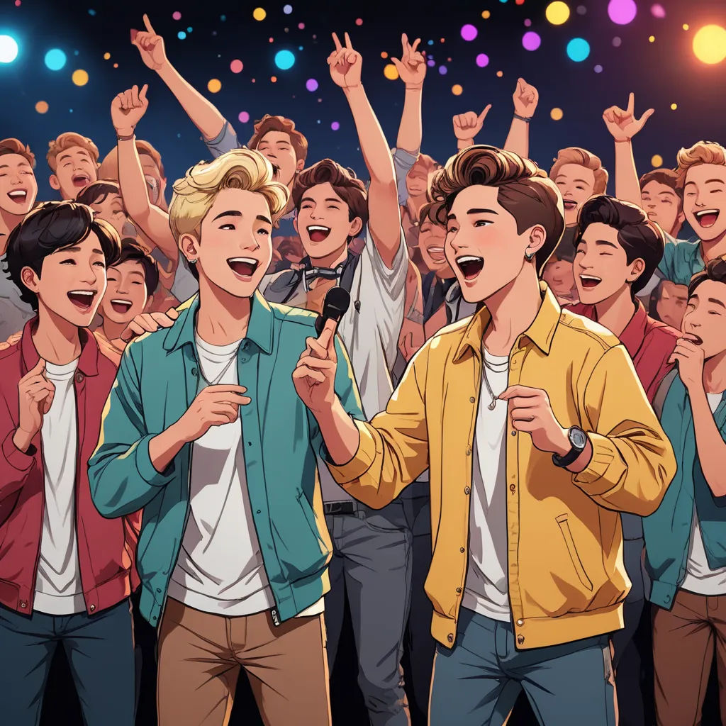a group of people standing next to each other with their hands up in the air and one person holding a microphone, sots art, a stock photo, disney, official art