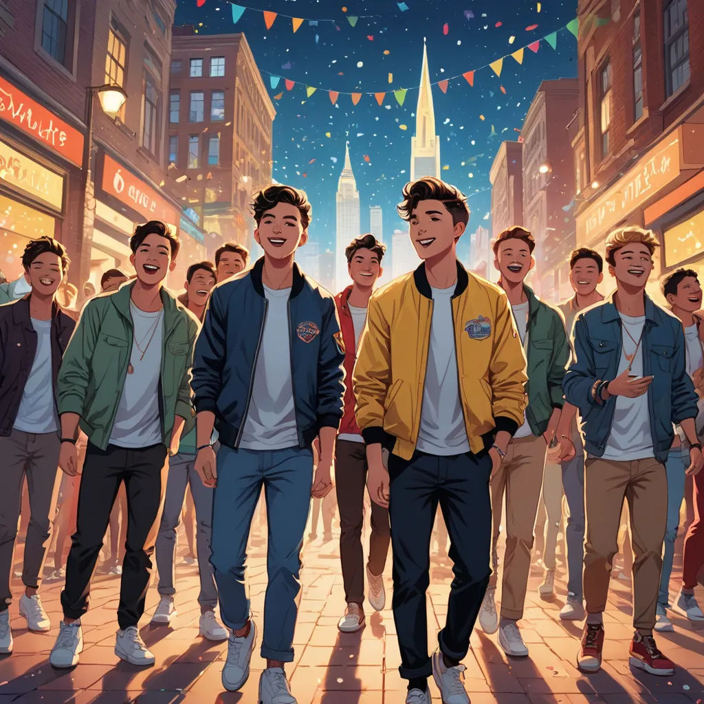 a group of young men walking down a street next to each other in front of a crowd of people, dau-al-set, a comic book panel, David Park, rossdraws global illumination
