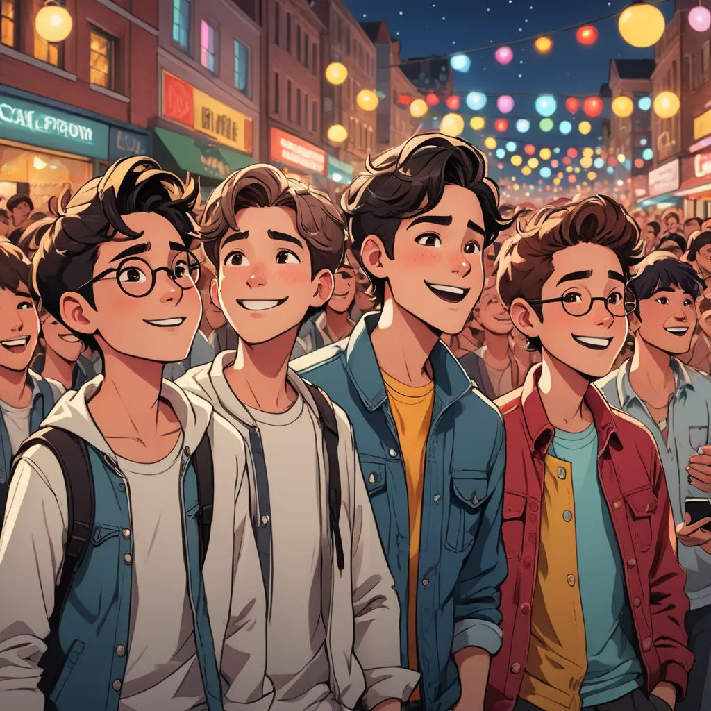 a group of young men standing next to each other in front of a crowd of people on a city street, incoherents, a comic book panel, Amir Zand, rossdraws global illumination