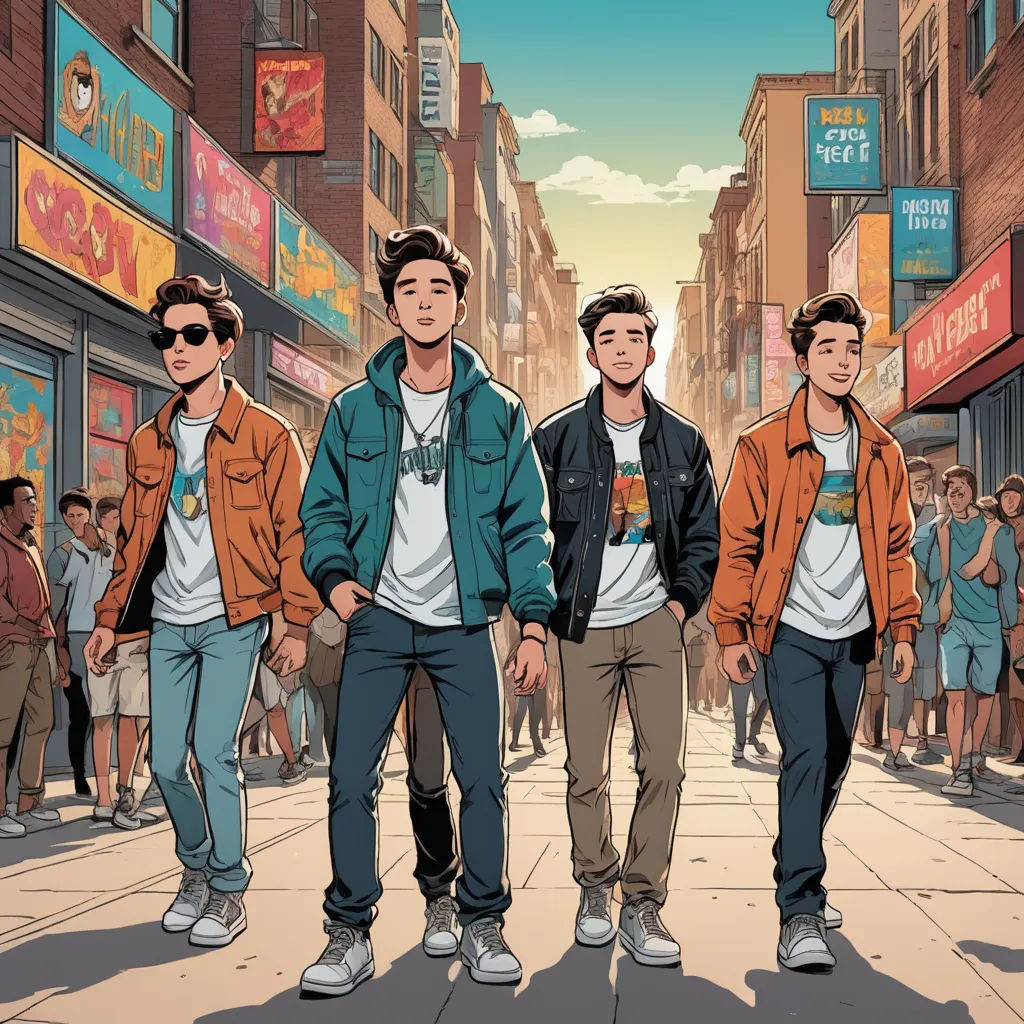 a group of young men walking down a street next to tall buildings and shops on a sunny day with people walking by, serial art, a comic book panel, David Park, graphic novel