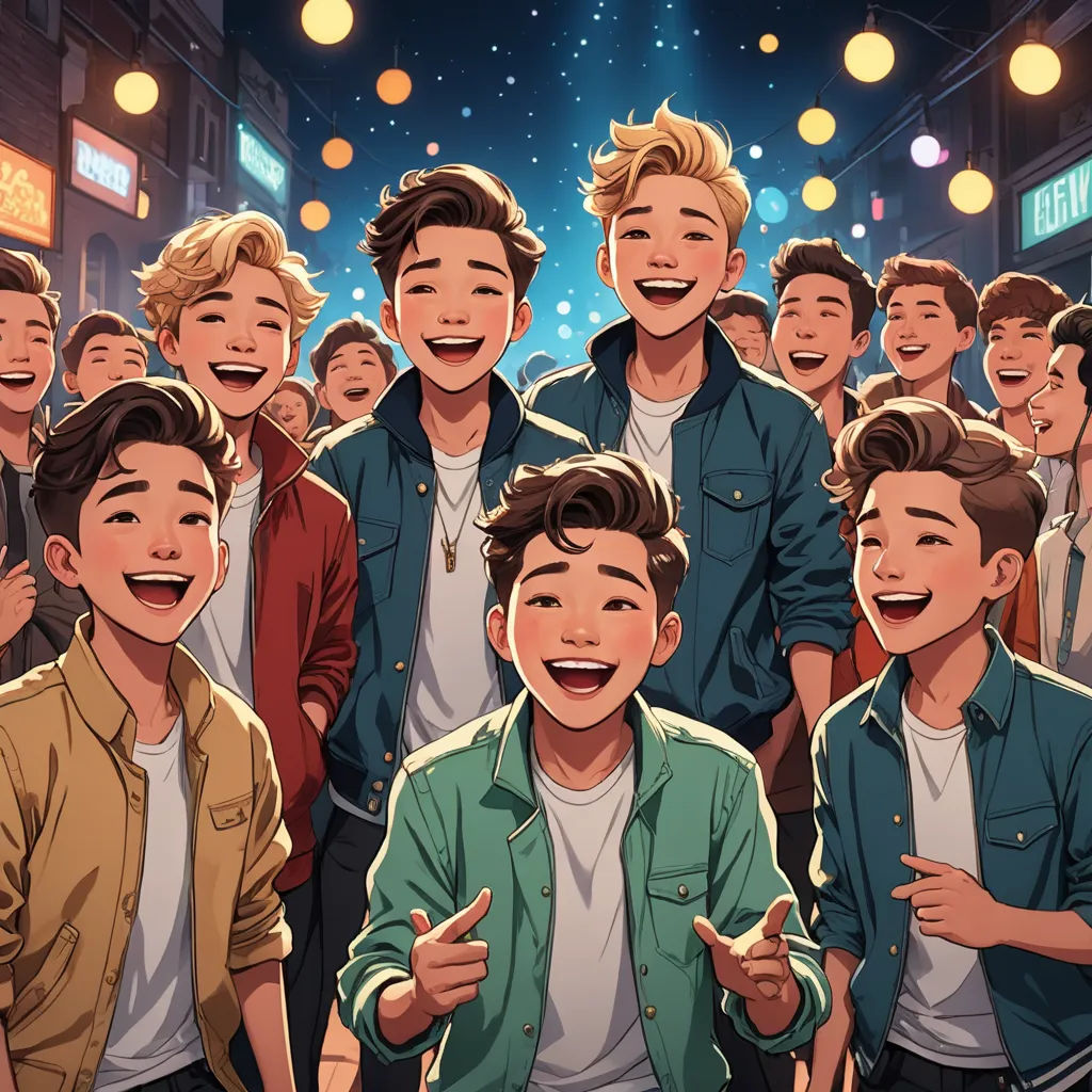 a group of young men standing next to each other in front of a crowd of people in a city, sots art, a comic book panel, David Park, rossdraws global illumination
