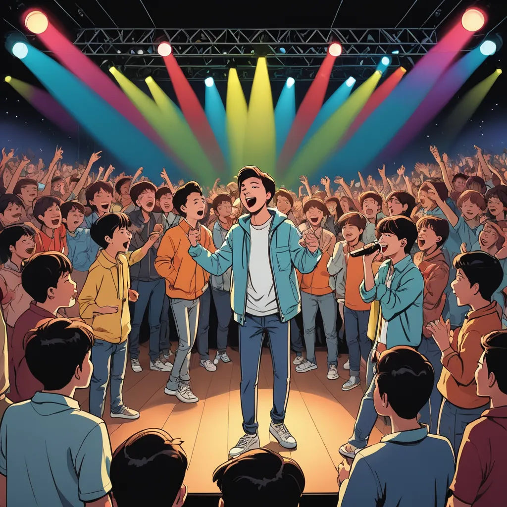 a man standing in front of a crowd of people on a stage with a microphone in his hand and a microphone in his other hand, private press, a storybook illustration, Diego Gisbert Llorens, comic cover art