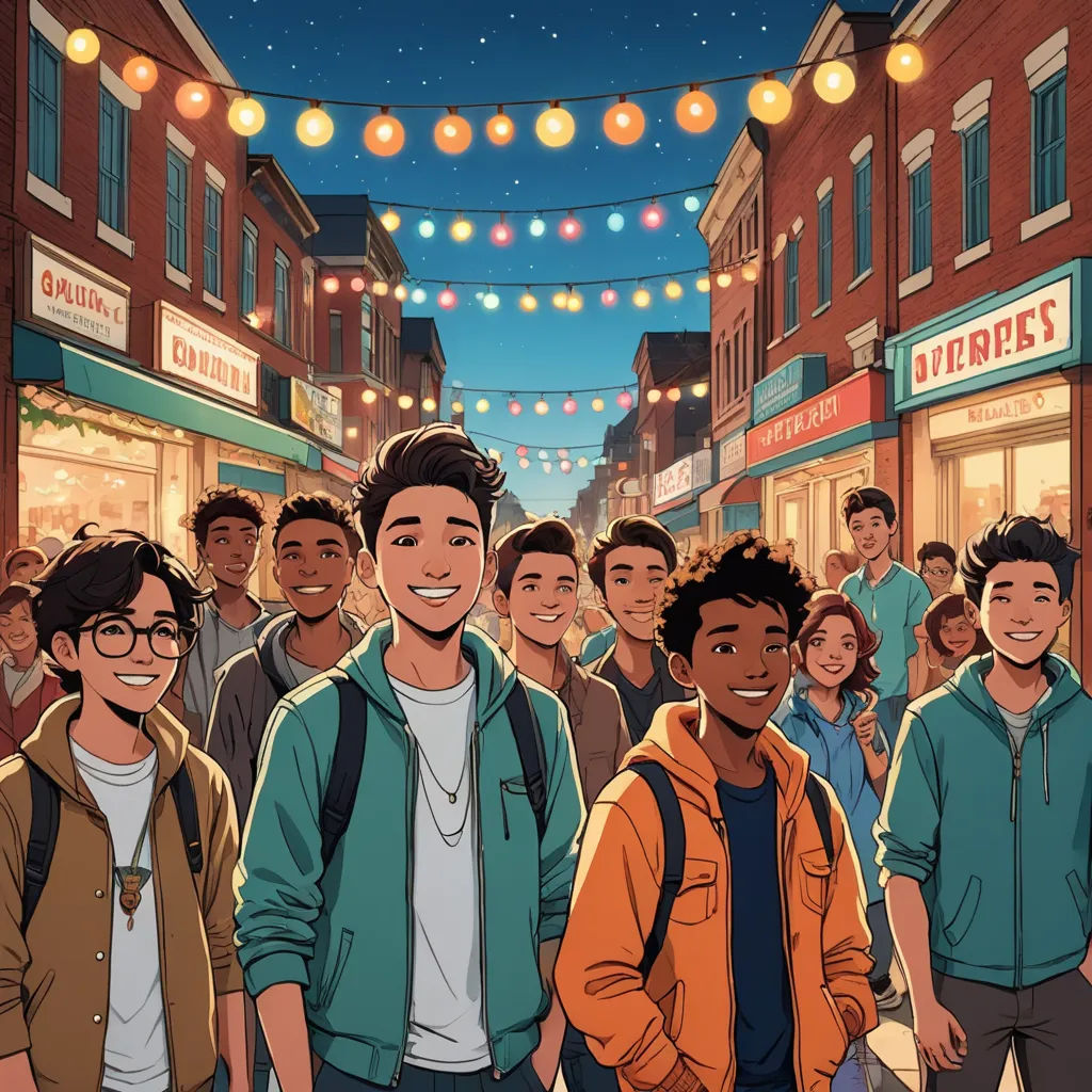 a group of people standing in front of a store front with lights strung above them and a string of lights strung above them, harlem renaissance, a comic book panel, Altichiero, comic cover art