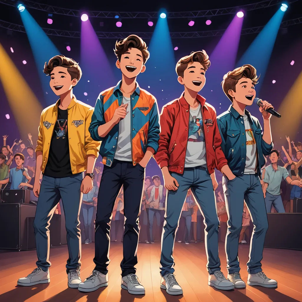 a group of young men standing on top of a stage with microphones in front of them and a crowd of people, sots art, concept art, disney, official art