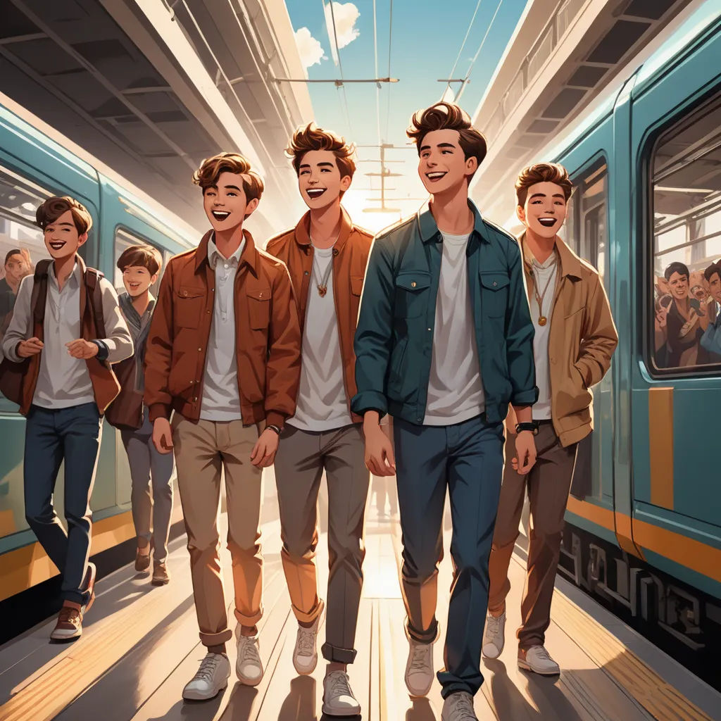 a group of young men walking down a train platform next to a train car with a sky background and a train, rayonism, a comic book panel, Chris LaBrooy, official art