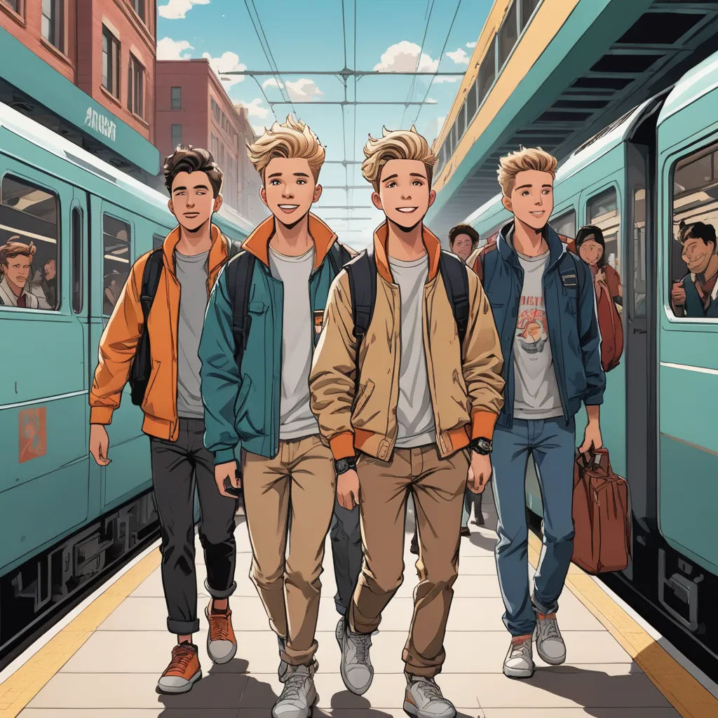 a group of young men walking down a train track next to a train station with a train in the background, rayonism, a comic book panel, Altichiero, graphic novel