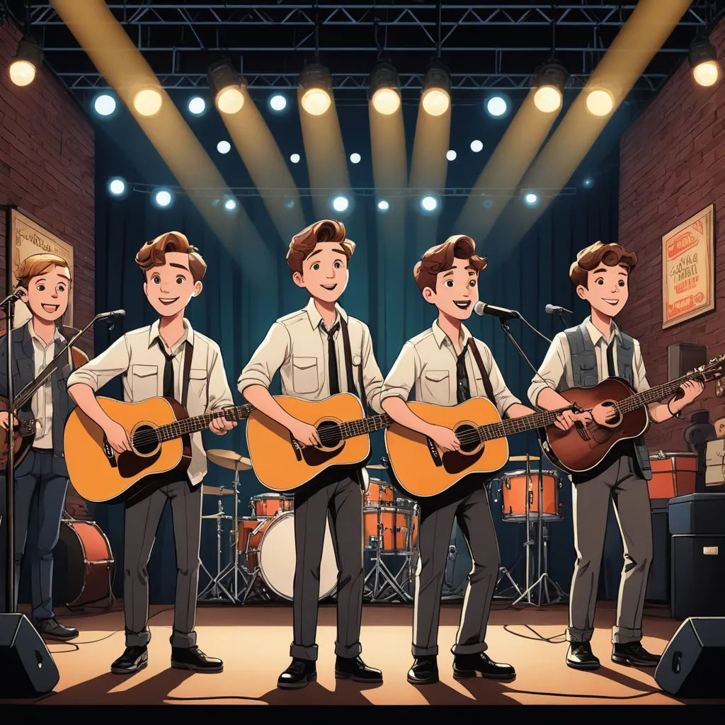 a group of young men playing guitars in front of a microphone and a stage with lights on it and a set of drums, sots art, concept art, Diego Gisbert Llorens, animated