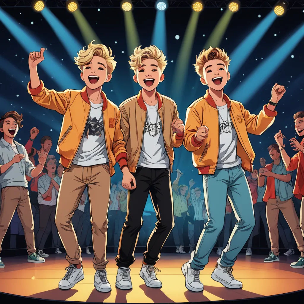 two boys are dancing on a stage with their hands in the air and their arms in the air, with their hands in the air, sots art, a comic book panel, Brothers Hildebrandt, animated