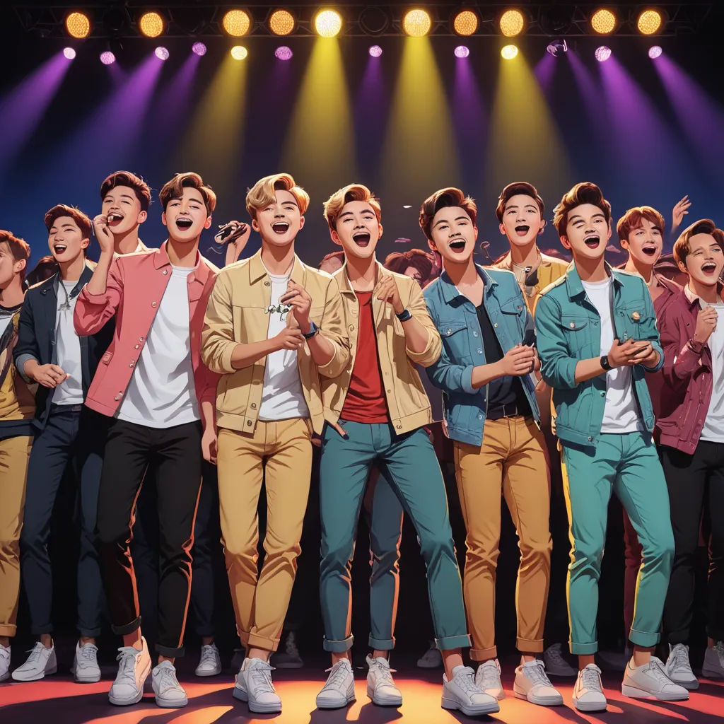 a group of young men singing on stage with lights behind them and a microphone in the air above them, les nabis, a poster, Fan Kuan, promotional image