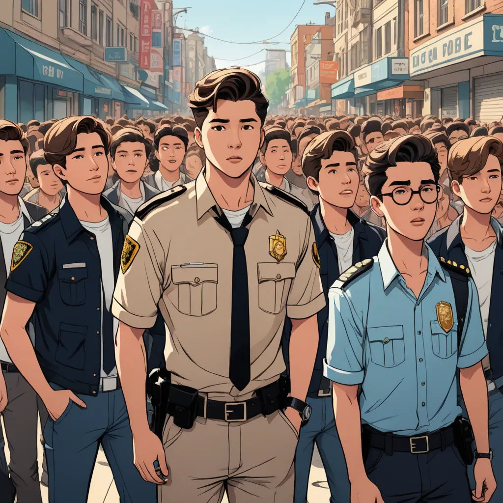 a man in a police uniform standing in front of a crowd of people in a city street with buildings, serial art, a comic book panel, David Park, official art