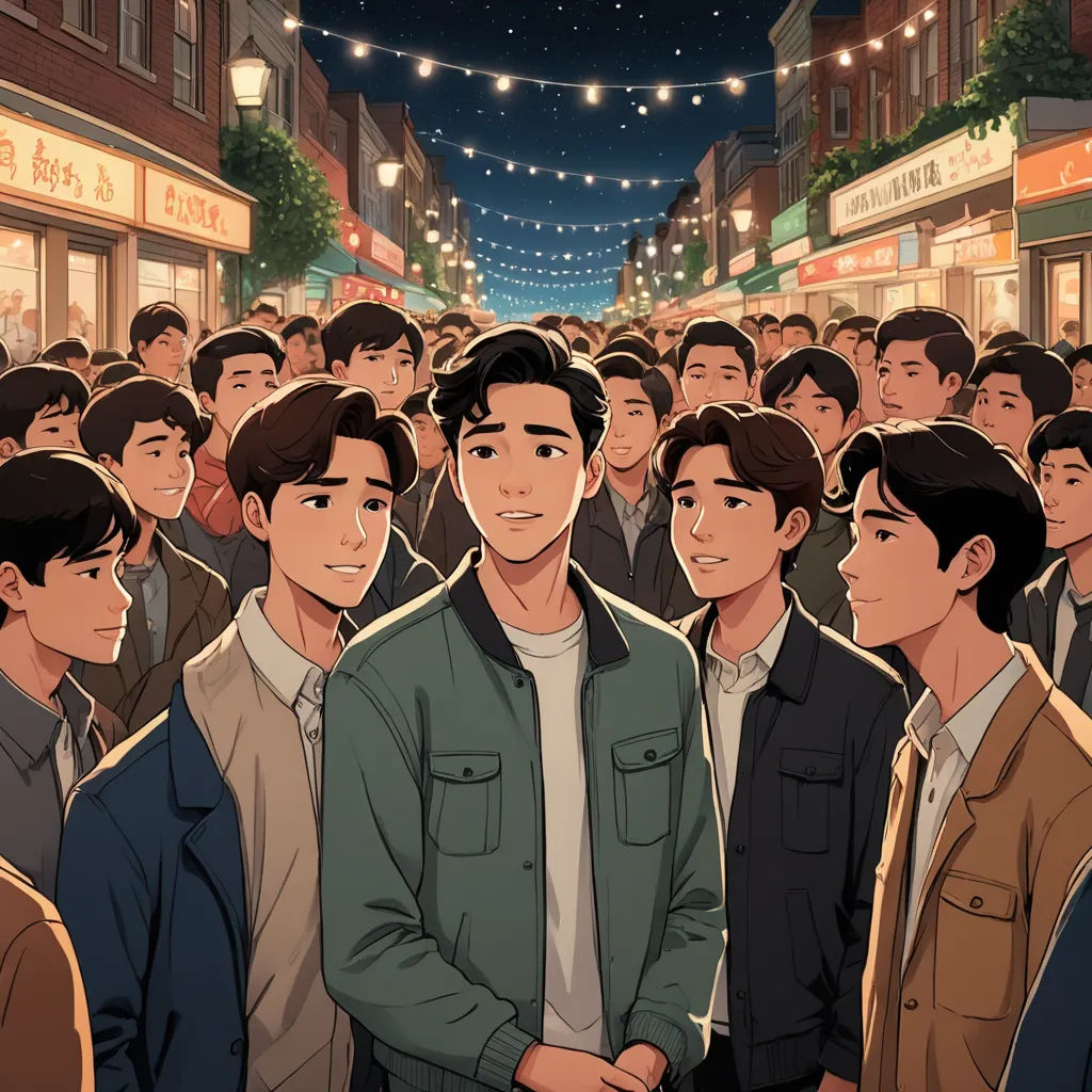 a crowd of people standing in a street at night with a man in the middle of the crowd looking at the camera, serial art, a comic book panel, David Park, huge scene