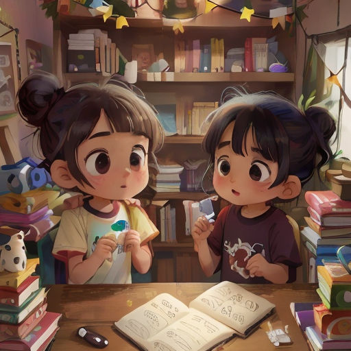two children are standing in front of a book shelf with books and a pen in it, and a book is on the table