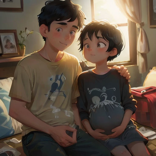a boy and a boy sitting on a bed together, holding a ball in their hands, with a window in the background