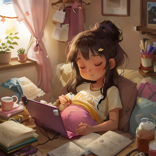 a little girl sitting on a couch with a laptop computer in her lap and a book in her lap