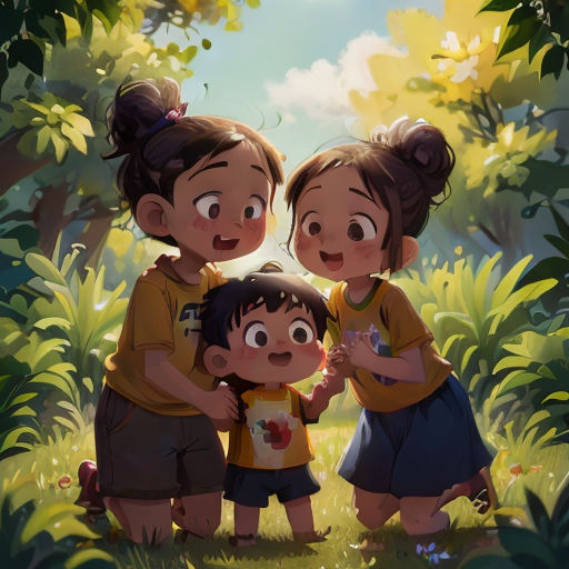 three children standing in the grass with their hands around each other, with a sky background and trees in the background