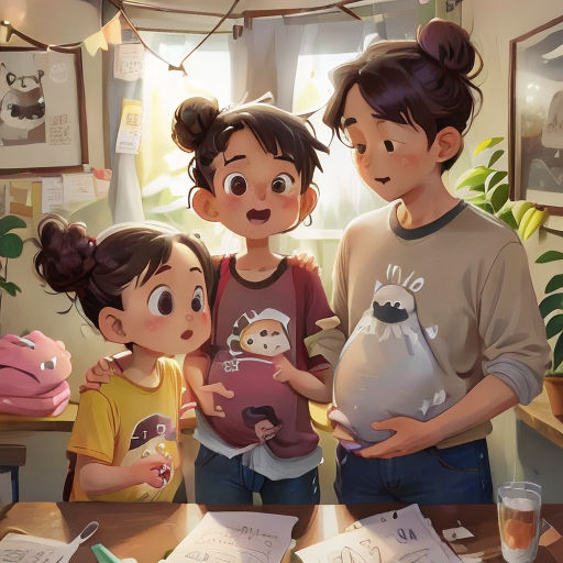 a group of children standing around a table with a stuffed animal in front of them and a woman holding a stuffed animal