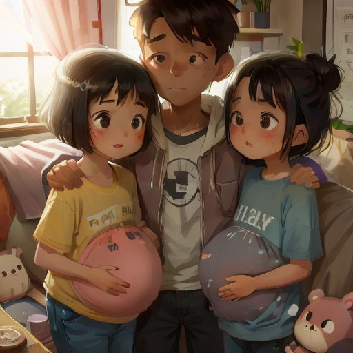 a couple of kids standing next to each other in a living room with a pregnant woman and a child