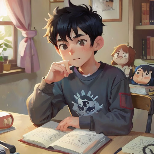a boy sitting at a table with an open book in front of him and a doll behind him, and a doll behind him