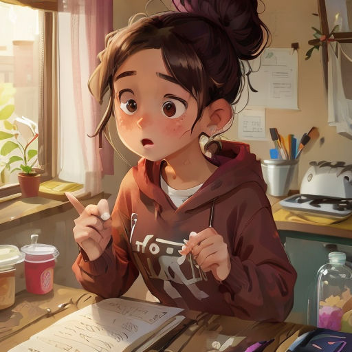 a girl sitting at a desk with a pen and paper in her hand and a book in front of her