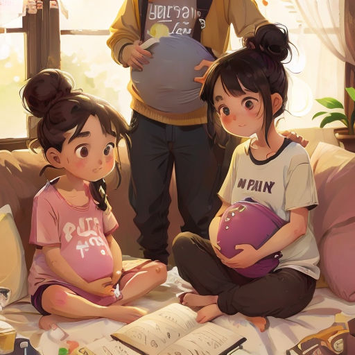 a couple of people sitting on a couch with a pregnant woman and a child in front of them with a book
