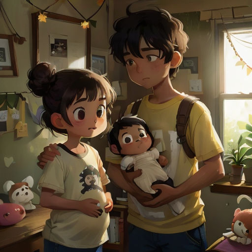 a man and a woman holding a baby in a room with a window and a stuffed animal on the floor