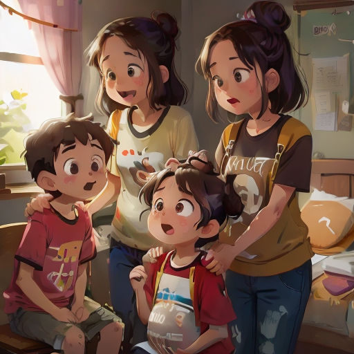 a family of three standing next to each other in a room with a window and a bed in the background