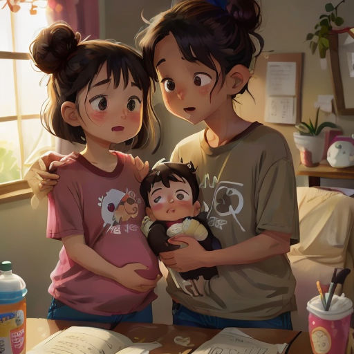 a couple of kids standing next to each other holding a doll in their arms and a book on a table