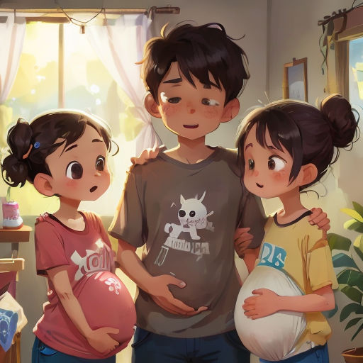 a couple of kids standing next to each other in a room with a baby bump bump on their belly