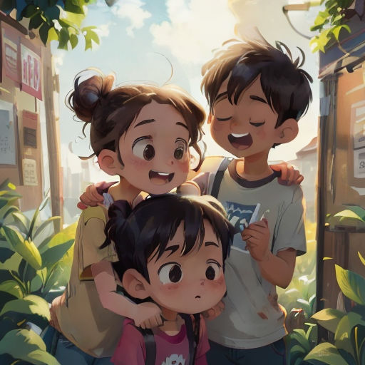 three children are standing together in the woods with their arms around each other and smiling at the camera,