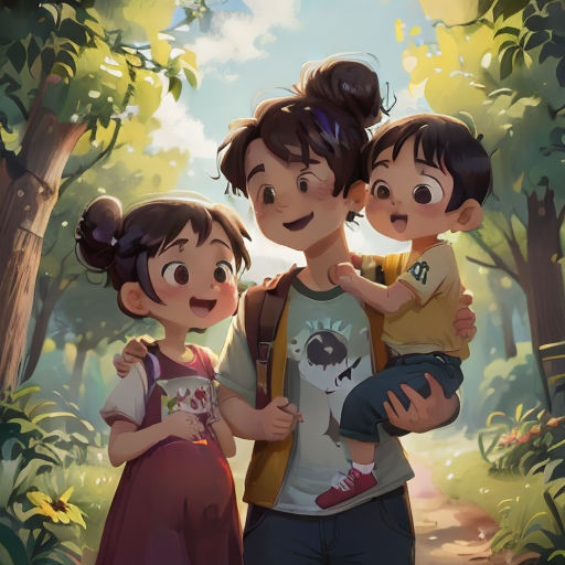 a couple of kids standing next to each other in a forest with trees and flowers behind them and a woman holding a child