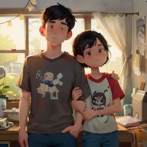 a boy and a girl standing in a room with a window and a desk with a computer on it