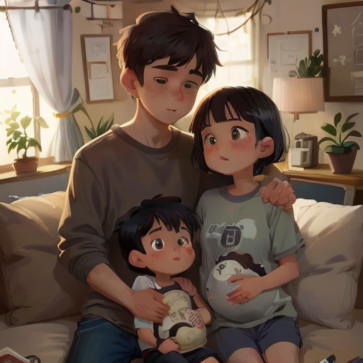 a man and a woman sitting on a couch with a child in their lap and a baby in their lap