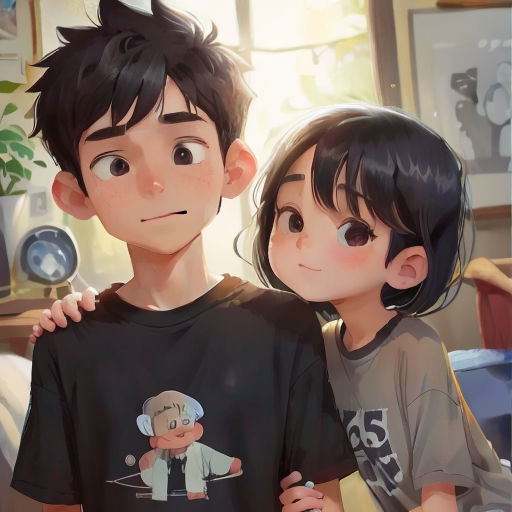 a boy and a girl standing next to each other in a room with a window and a clock on the wall